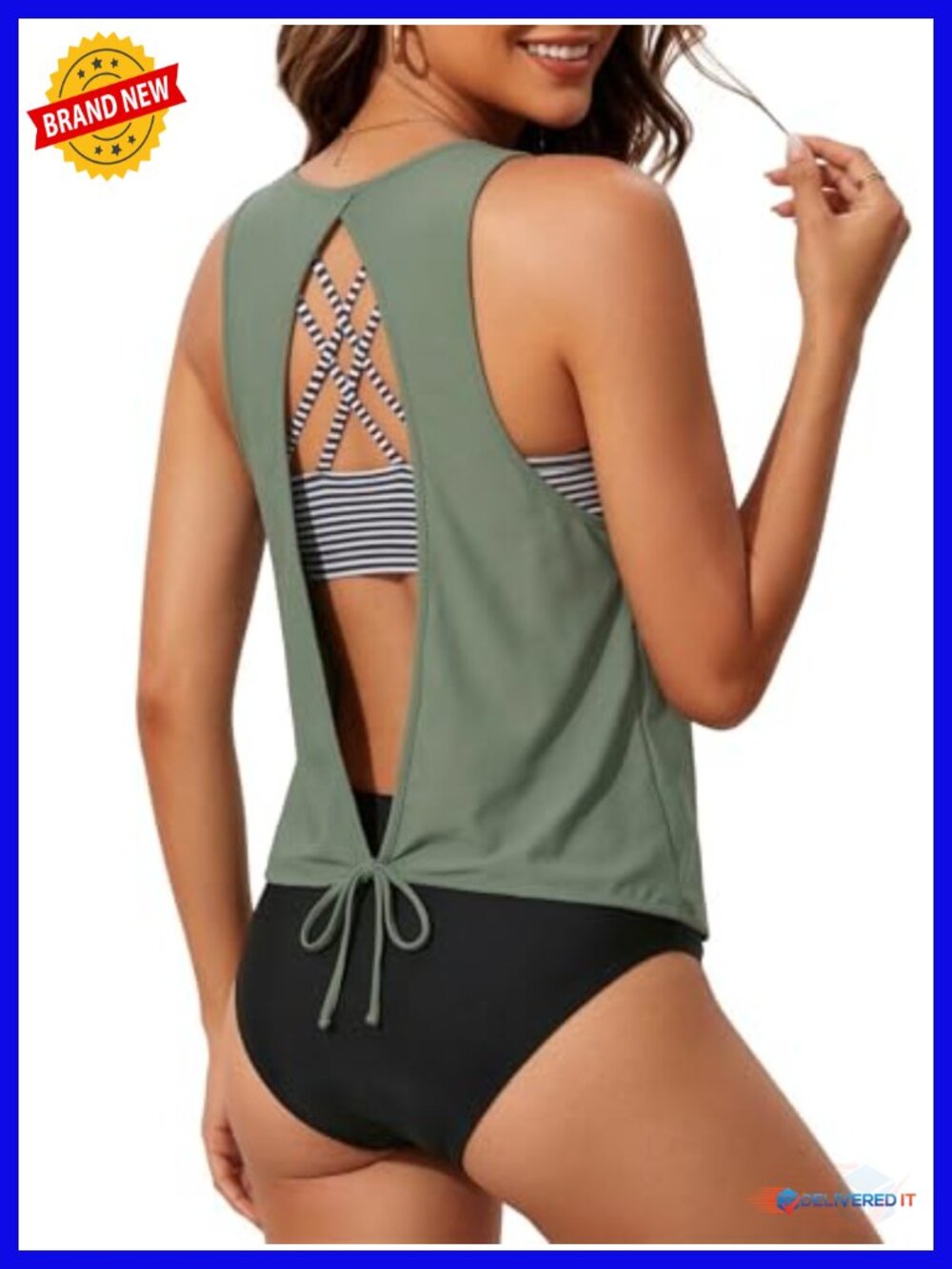 3-Piece Tankini Swimsuit Set - Open Back Tank Top with Criss Cross Sports Bra